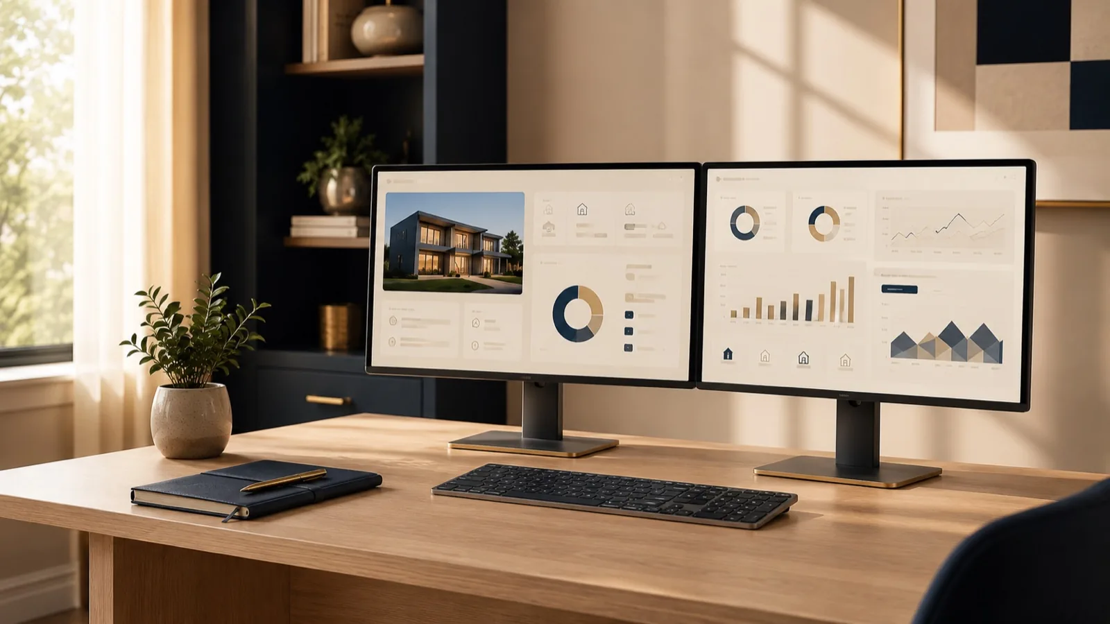A remote office setup with dual monitors showing property management dashboards