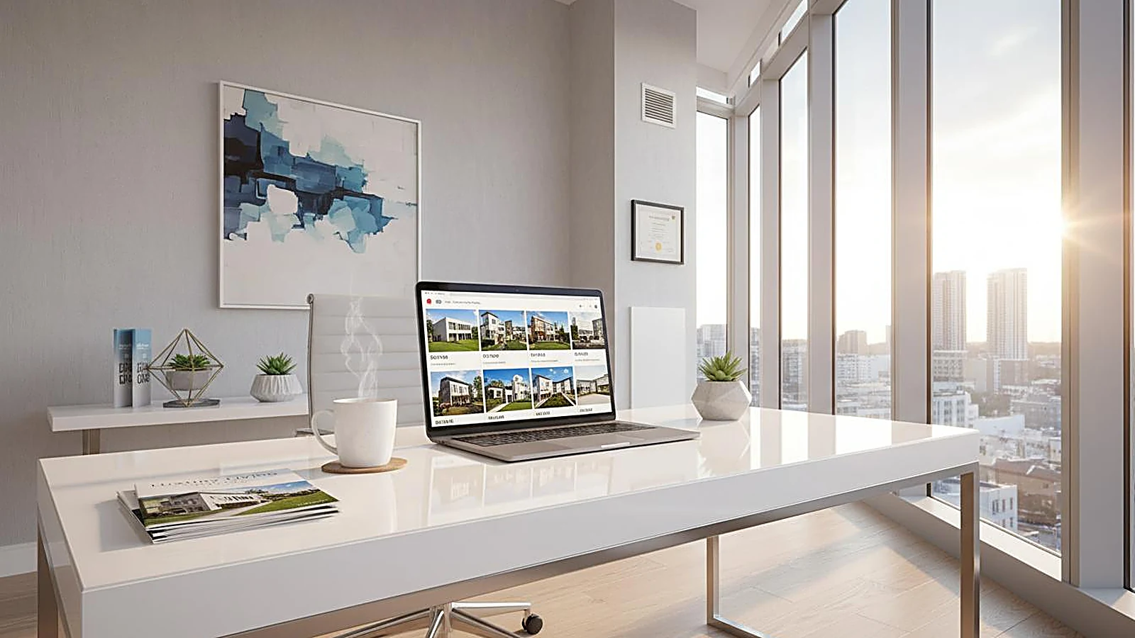 A tidy home-office setup with a laptop and a bright city view